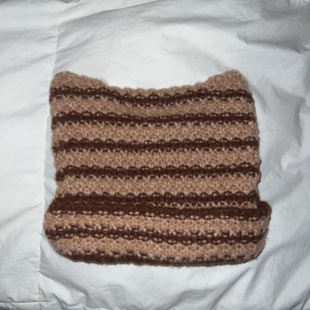 Brown and cream striped crochet blanket
